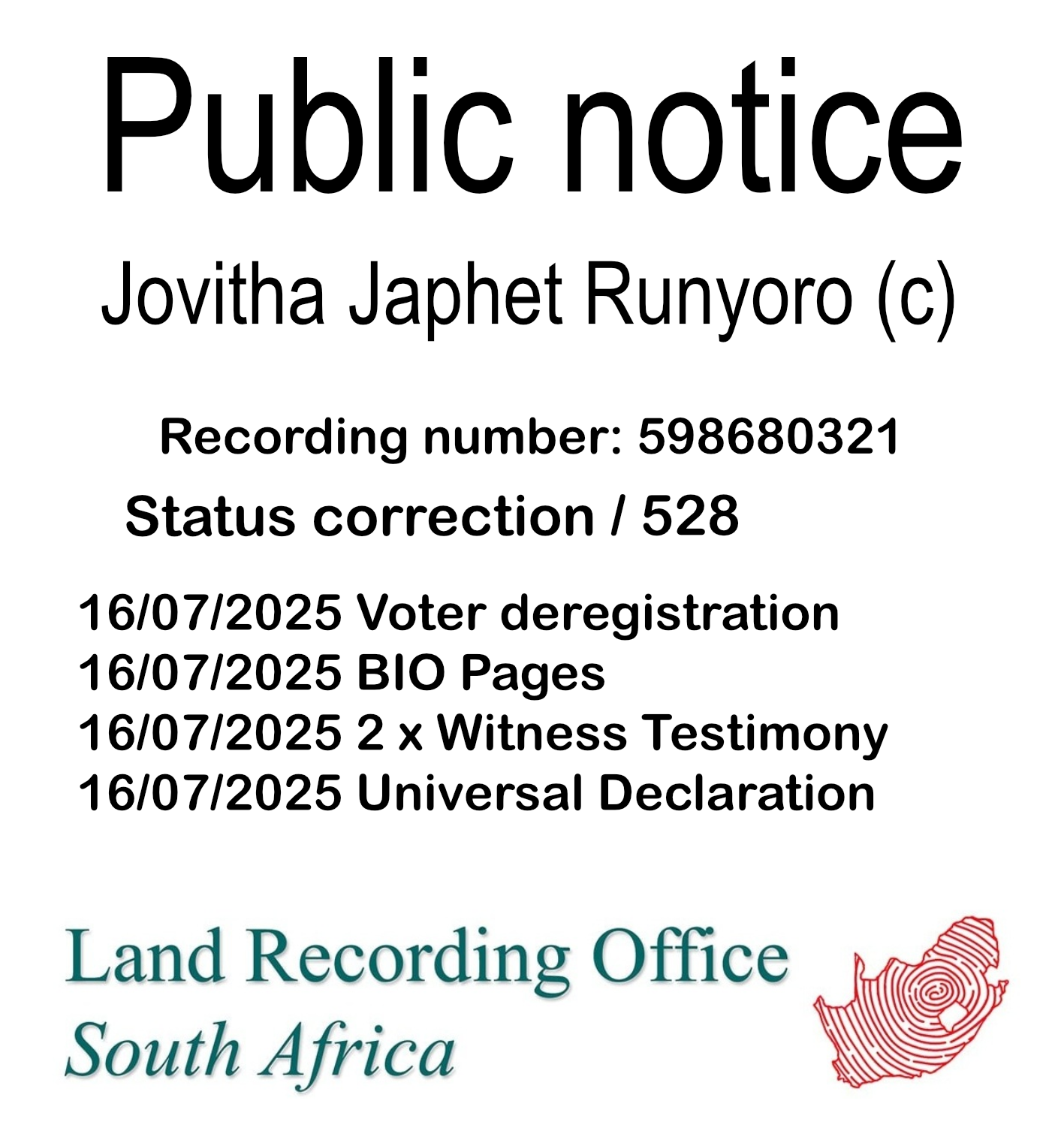 Public notice Jovitha Japhet Runyoro (c) Recording number 598680321